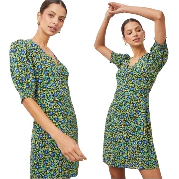 Rails Roma V Neck Short Puff Sleeve Abstract Floral Garden Print Mini Dress NEW - Picture 3 of 13